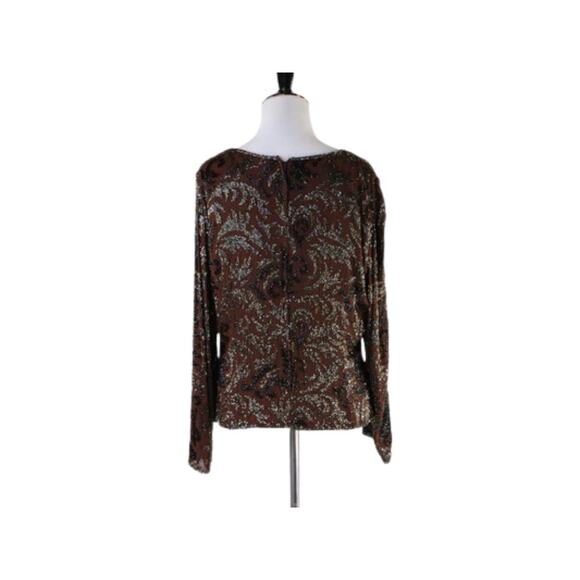 Frank Usher Sequin Top, Brown Black Beaded Silk Blouse Medium - Picture 6 of 7